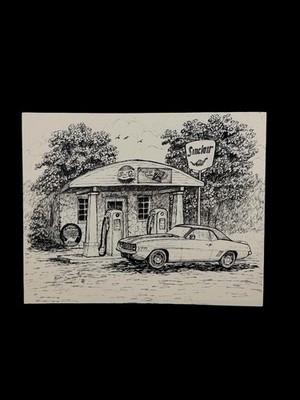 Vintage Gas Station Print Sinclair Dinosaur Classic Car Pen Ink Signed 1985