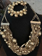 Multi Strand 20” Statement Necklace Choker  & Bracelet Set Gold Tone Bead heavy