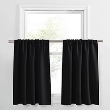 Short Length Curtains for Kitchen, Solid Half 34"W x 24"L Pack of 2 Black