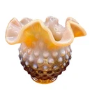VTG Fenton Bowl Vase Rose Brown Cameo Opalescent Hobnail Glass Ruffled 4.5"