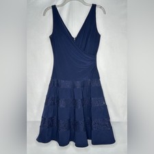 Lauren Ralph Lauren Cocktail Dress Navy Lace Ponte Faux Wrap Ruched Sz 4