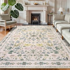 Beige Rugs Living Room Large 160x230cm Washable Floral Rugs for Bedroom Vintage