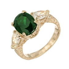 Estate 4.28ct Bright Green Tsavorite Garnet Pear Diamond 14k Yellow Gold Ring