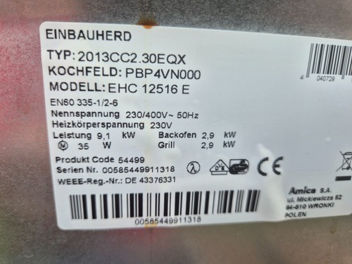 Amica 2013CC2.30EQX  EHC 12516 E  Backofenklappe Backofentürdichtung gebr. top