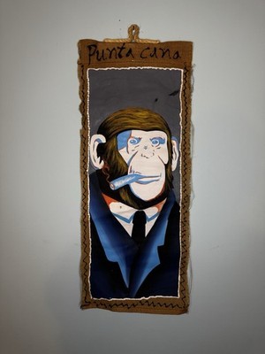 Hand Painted Decorative wall hanging featuring a chimpanzee smoking a cigar