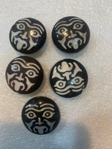 5Pcs Beautiful Rare Tibetan Natural Agate Dzi *Amulet Mask & 1Eyed* Disc Beads