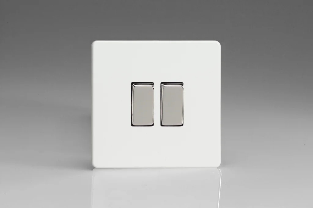 Switch White Intermediate & 2-Way 10A 2-Gang Screwless Premium + Chrome Insert