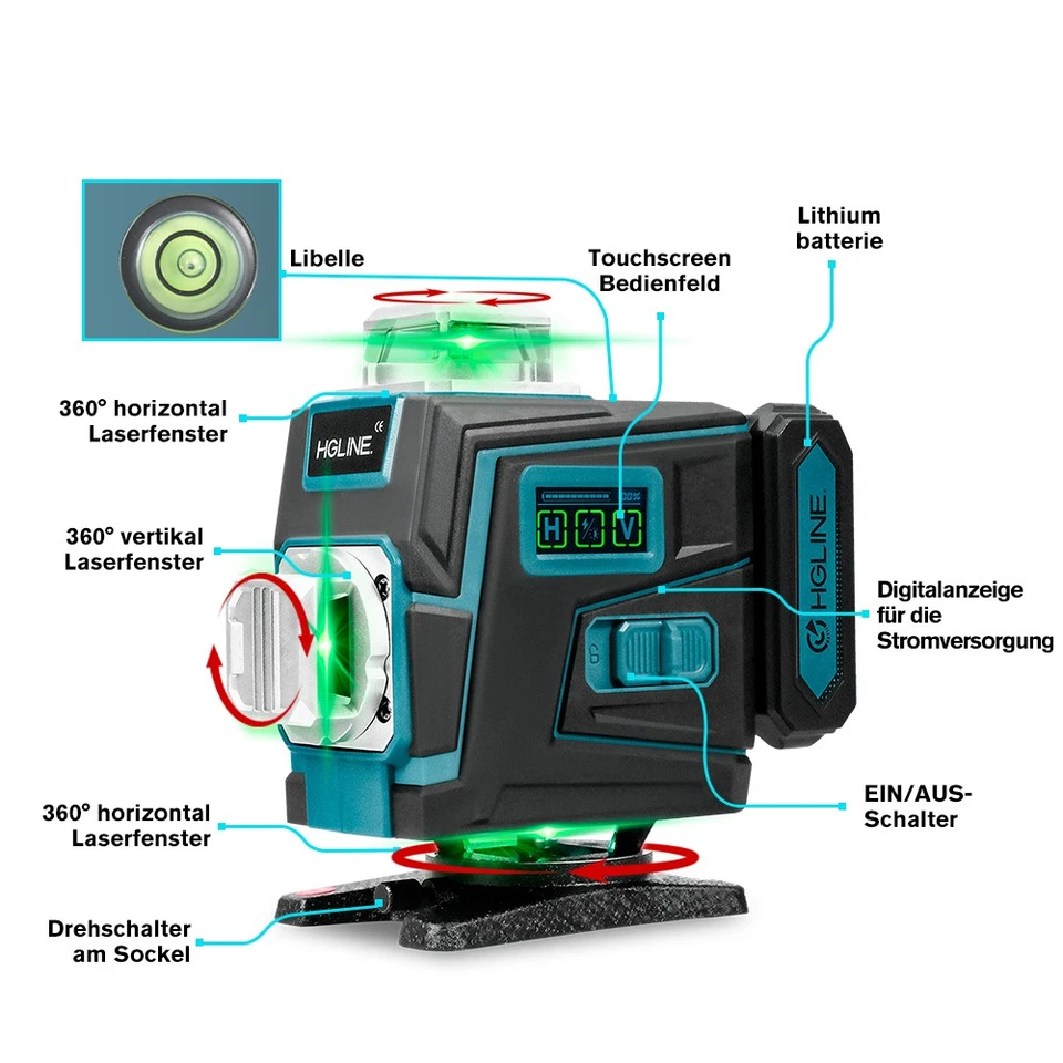 16 Line Laser Level Wasserwaage 4D 360° Kreuzlinienlaser Kit mit Koffer + Stativ - Bild 4 von 4