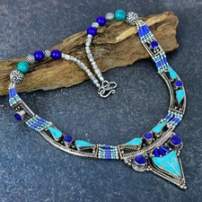 Collar de joyería nepalí hecho a mano de plata 925 con piedras preciosas turquesa lapislázuli