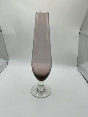 Vintage Purple Hand Blown Glass Bud Vase Etched Floral Design 8'' tall