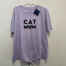 Life is Good Crusher-Lite Tee Tie Hem Lilac Cat Mom XL NEW