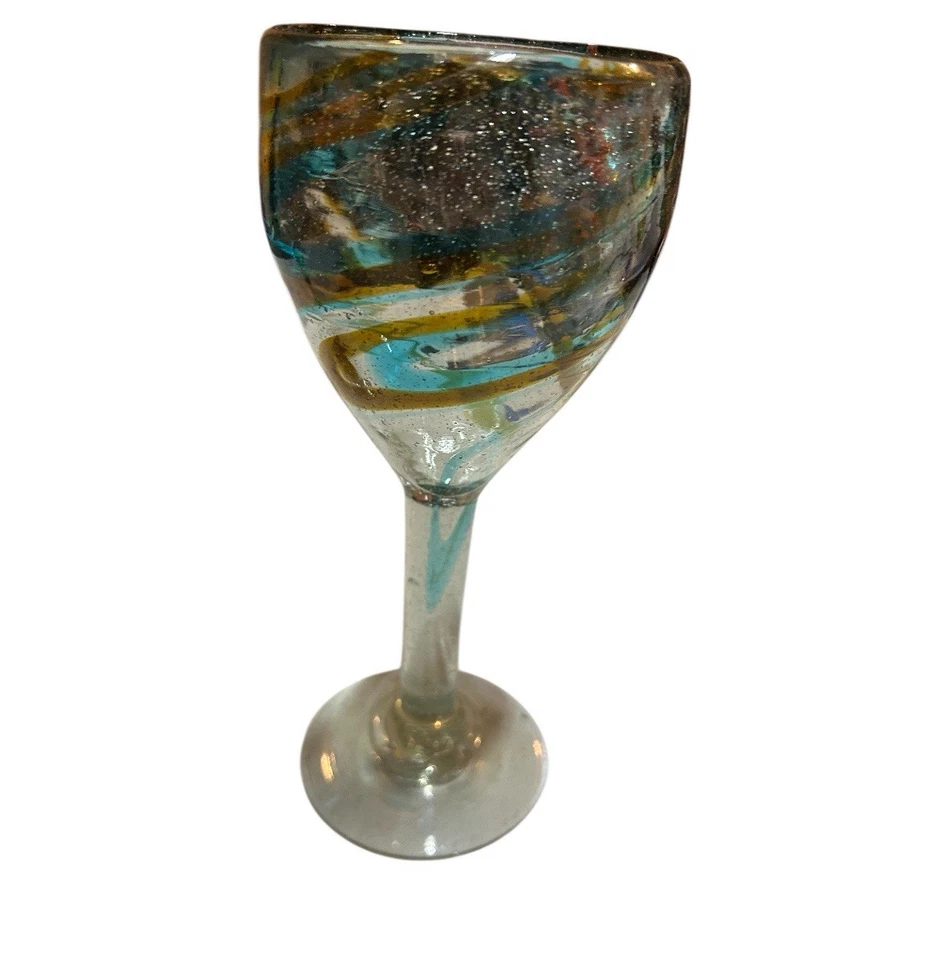 手工吹制蓝色旋转葡萄酒/高脚杯玻璃杯 7.5 英寸 3 件套 — 第 3/4 张图片