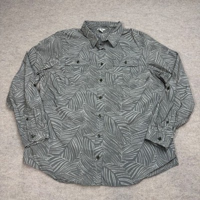 LL Bean Womens Large Grey Tropical Palm Leaf Coolmax Button Down Shirt Pockets