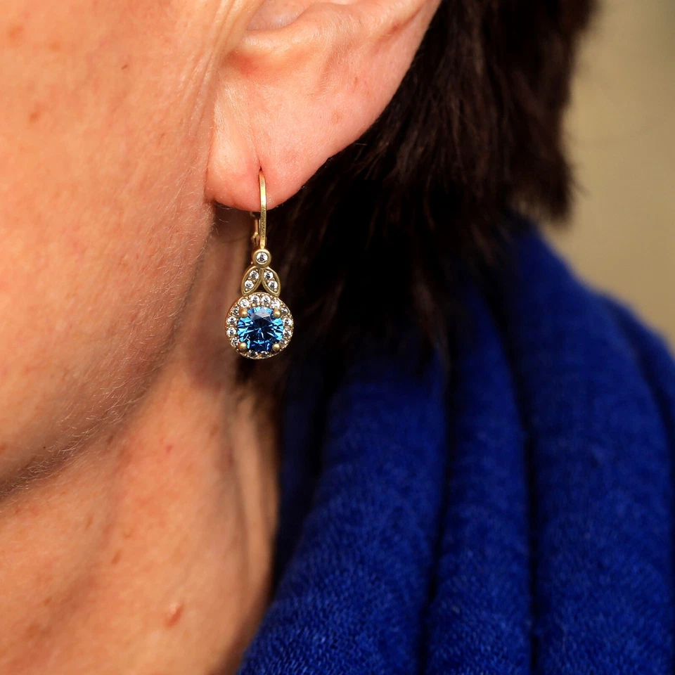 Pendientes Pequeña Colgantes Dorado Antiguo Belle Circonita Redonda Azul SA1 - Imagen 4 de 4