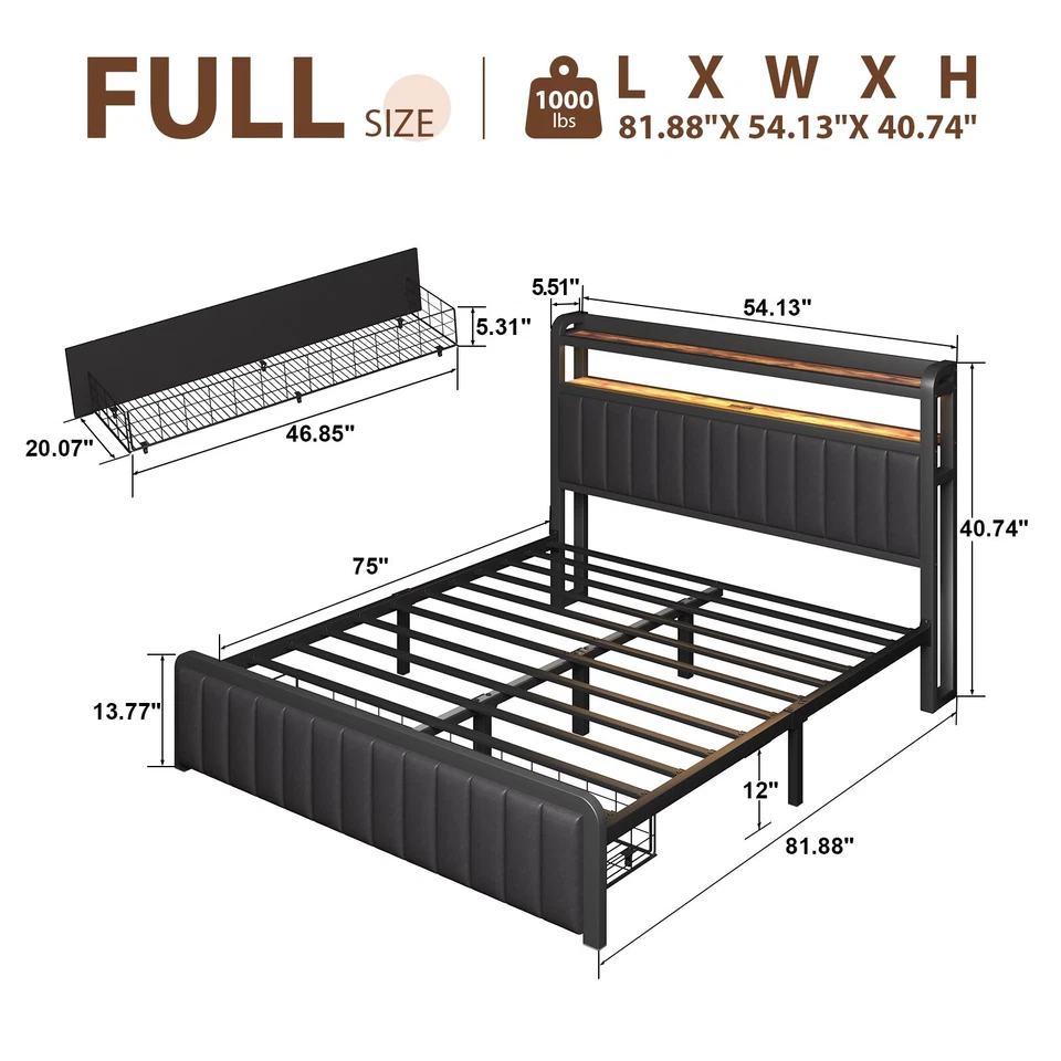 Full Queen Metal Bed Frame with Storage Drawers & Upholstered Storage Headboard - Image 3 of 4