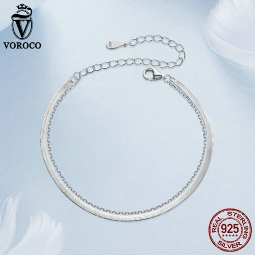 Voroco Real 925 Silver Exquisite Double-Layer Bracelet Chain Women Gifts Jewelry - Picture 9 of 17