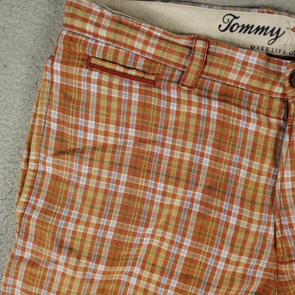 Pantalones Cortos Tommy Bahama Para Hombre Talla 32 Naranja Lino a Cuadros Informales Frente Plano Chino Foto 2 de 4