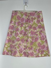 Garnet Hill Cotton Blend Floral Print Button Front A-Line Skirt Tie Waist Pink G