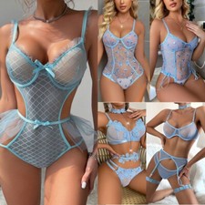 Women's Sexy Lingerie Sleepwear Babydoll Lace Bodysuit with Garter Underwear Set