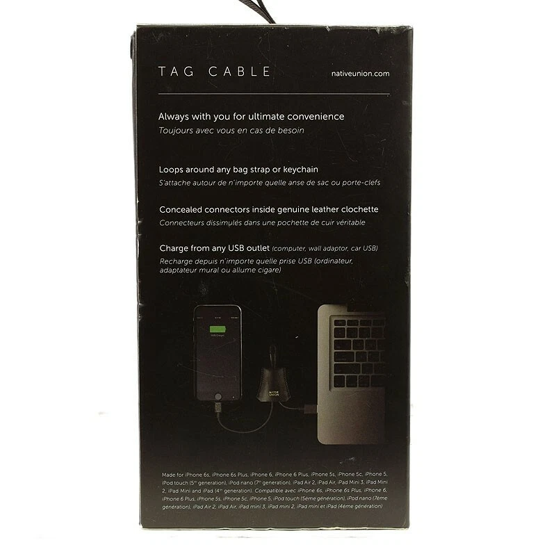 NATIVE UNION Black TAG CABLE Cable USB Leather Clochette For Bag NIB - Image 3 of 4