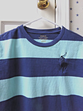 Polo RALPH LAUREN Big Pony Blue Striped T-Shirt L Large Cotton 14-16 Boys 45