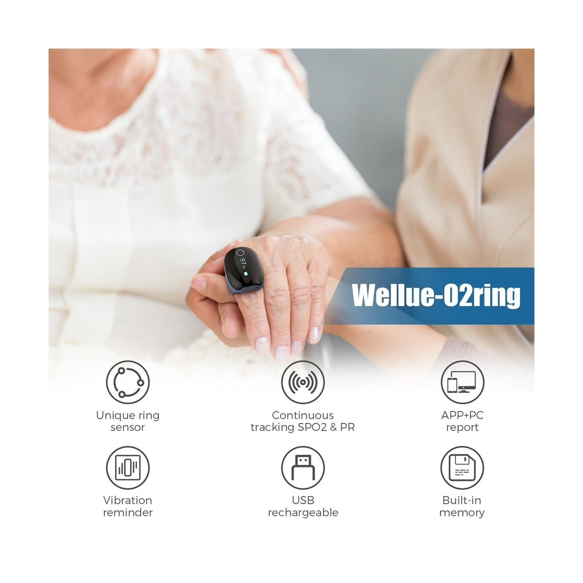 Wellue O2Ring Oxygen Monitor with Vibration Reminder -Bluetooth O2 Pulse  Oxim