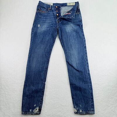 Diesel Jeans Mens 30x34 (32x29) Blue Mharky Slim Skinny Button Fly Cow Hide Tab