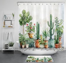 Country Succulent Plant Green Cactus Shower Curtain Bathroom Accessories Set