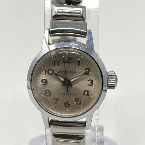 Vtg Westclox Watch Women Silver Tone 21mm 17 Jewels Stretch Band Manual Wind 6"