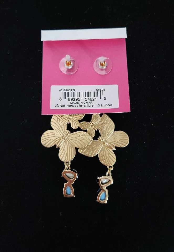 Betsey Johnson Gold Tone Green Purple Blue Butterfly Large Drop Earrings NWT - Image 4 of 4