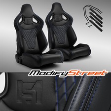 Black Wblue Stitching C-series Pvc Reclinable Leftright Racing Seats Pair Black Wblue Stitching C-series Pvc Reclinable Leftright Racing Seats Pair
