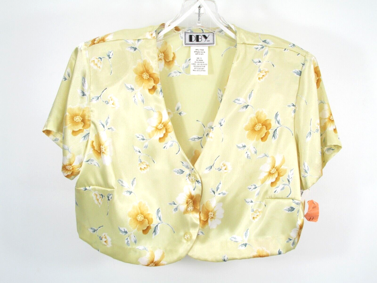 NWT DBY LTD Button-Up Crop Blouse Women 11 Yellow Floral