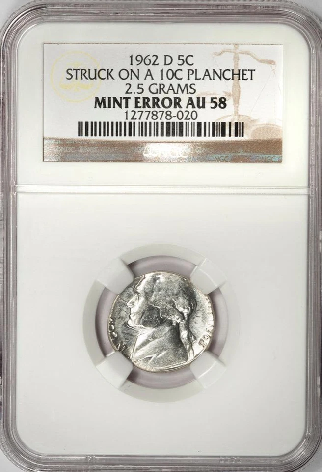 1962 D NGC AU58 Jefferson Nickel Struck On Silver Dime Planchet Mint Error Rare - Image 2 of 4