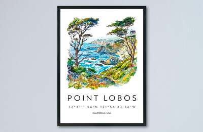Point Lobos Aquarell Poster Point Lobos Reisedruck Kalifornien Wandbild Küste