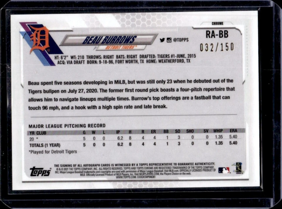 2021 Topps Chrome Beau Burrows Rookie Auto Blue Wave Refractor #32/150 Tigers - Image 2 of 2