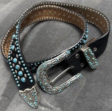 Nocona Black Turquoise Stainless Steel Diamond Accented Western Belt Large