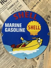 VINTAGE 1951 SHELL MARINE GASOLINE MOTOR OIL GAS 12 INCH PORCELAIN ENAMEL SIGN