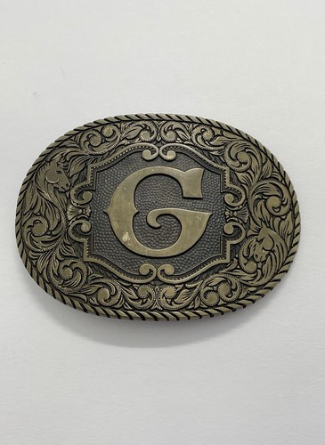Vintage 70er Jahre Gürtelschnalle MASSIV MESSING Western "G" Cowboy Gangster ADM Pferd