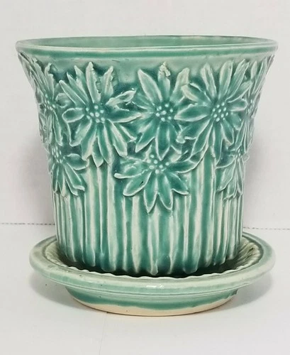 Vintage McCoy Pottery Green Daisy Flower Pot Planter