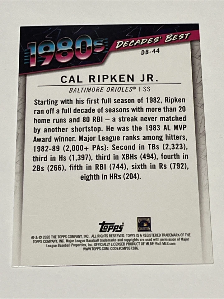 2020 Topps Baseball #DB-44 Cal Ripken Jr. Decades' Best Orioles HOF - Image 2 of 2
