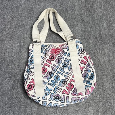 Fox Racing Women Handbag Purse White Pink Blue All Over Logo Shoulder Bag Canvas