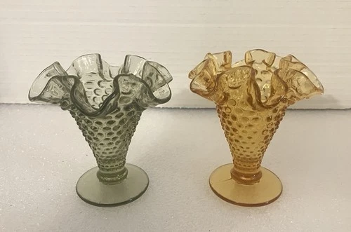 2-Fenton Glass Green & Amber Hobnail Ruffled Trumpet Mini Bud Vases 4" Tall