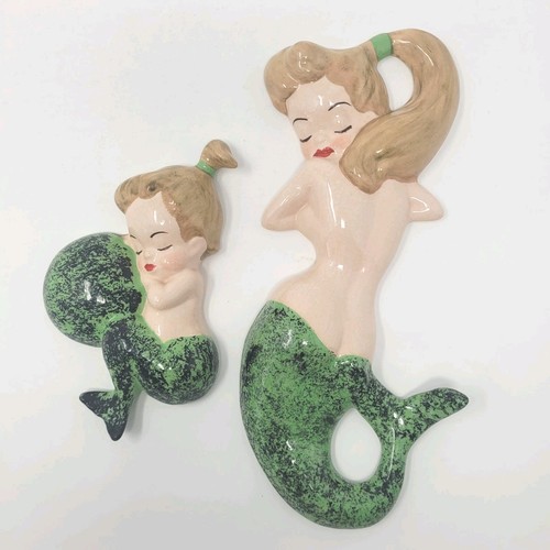 Vintage Ceramic Mermaid Wall Plaques Blond Hair Green Tail Set of 2 Signed 