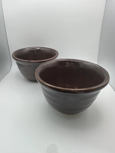 VTG Maple Leaf Monmouth USA Pottery 5" Brown Ribbed Beehive Bowl~Set of 2