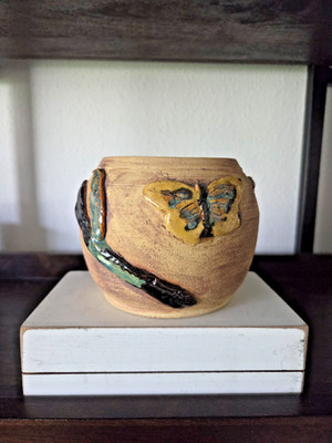 Handmade Studio Pottery Vase Signed MAM Butterfly & Leaf Motif 4'' Tall Vintage