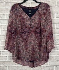 St Johns Bay Top Womens Sz XL Navy Blue Red Paisley 1/4 Button Lined 3/4 Sleeves