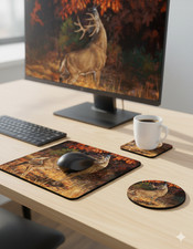 Whitetail Buck Deer Mousepad Coasters Hunting Art Licking Branch Fall Gift