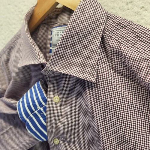 Charles Tyrwhitt Button Shirt Mens 17.5 36 Brown Houndstooth Slim Fit Oxford