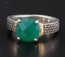 Vintage ATR Sterling Silver 14K Gold Green Chalcedony Basketweave Ring Size 8 