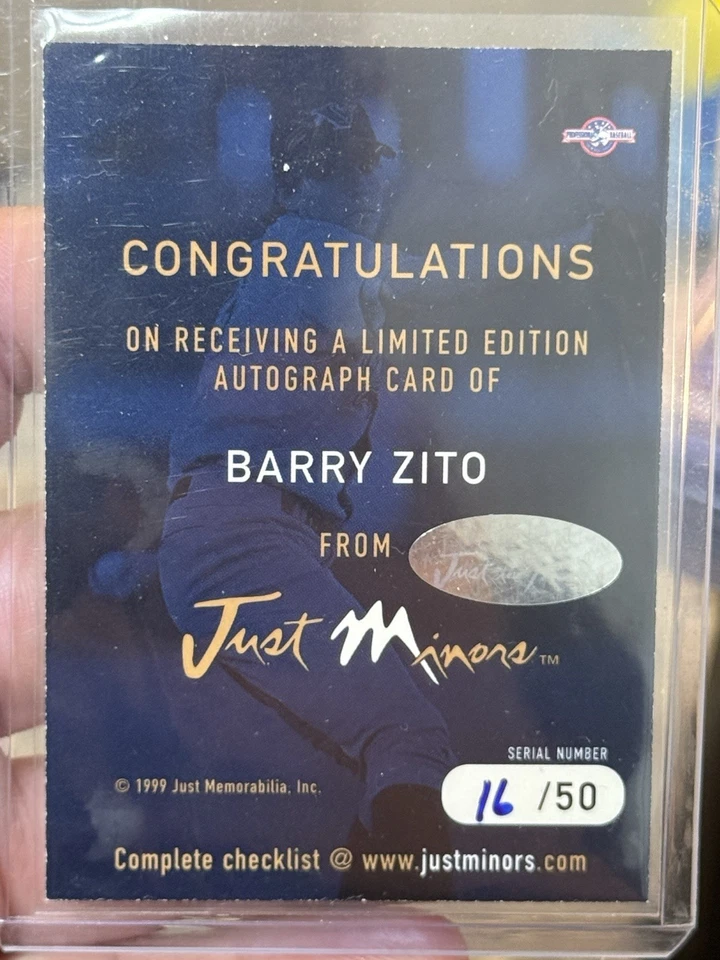 1999 Just Autographs BARRY ZITO BLACK AUTO AUTOGRAPH #16/50 MINT A's - Image 2 of 2